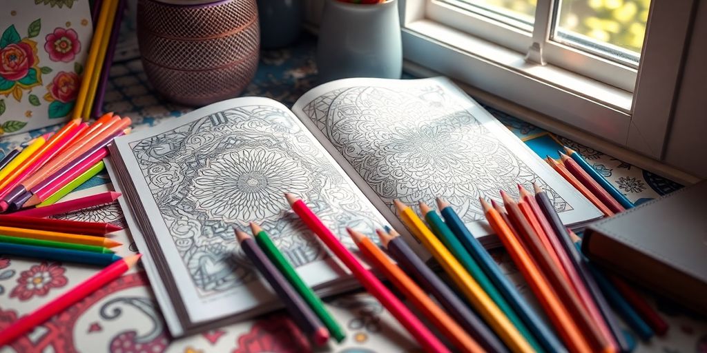 Open coloring book with colorful pencils on a table.