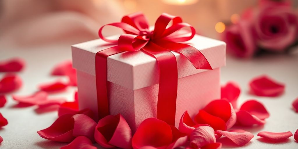 Gift box with a red ribbon and rose petals.