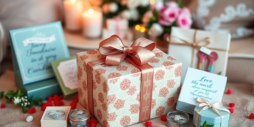Gift box with ribbon and unique gifts for fiancé.