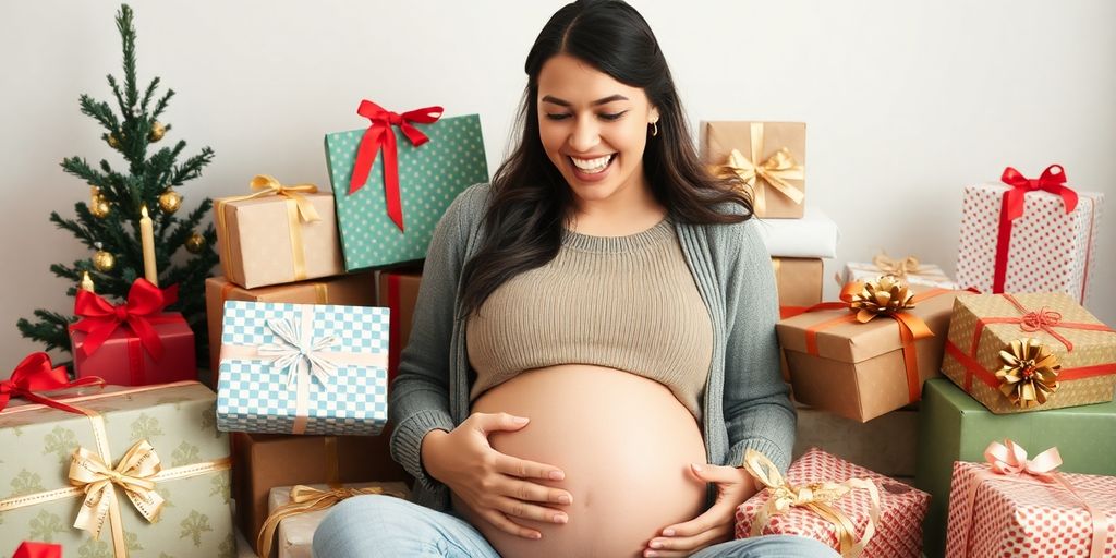 Pregnant woman smiling with wrapped gifts around her.