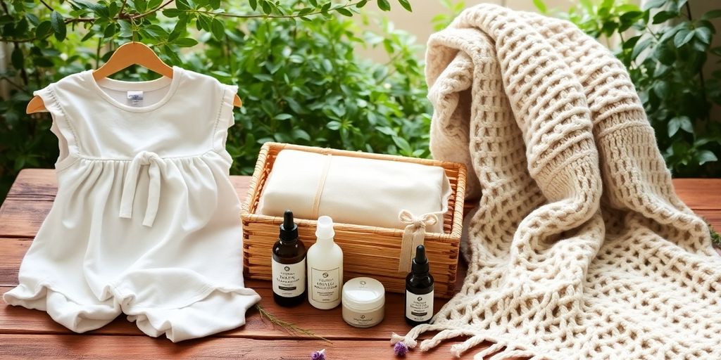 Eco-friendly gifts for pregnant women on a wooden table.