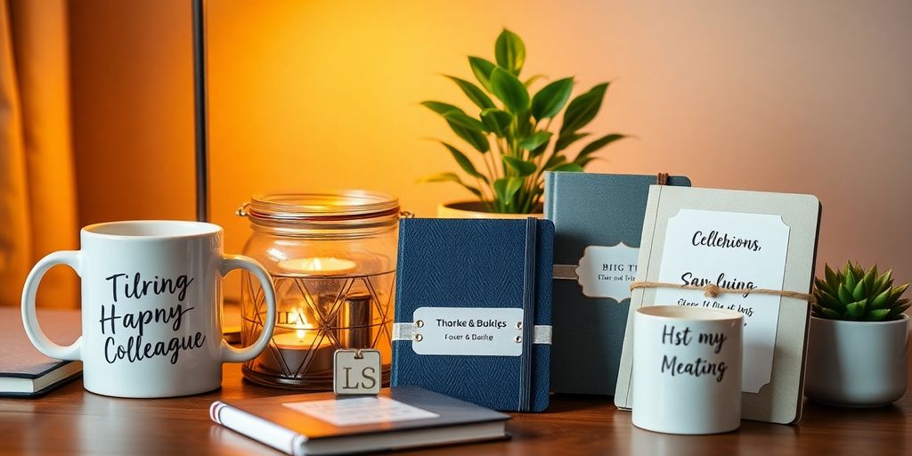 A selection of thoughtful gifts on a desk.