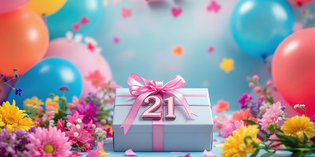 A wrapped gift box with colorful decorations for a birthday.