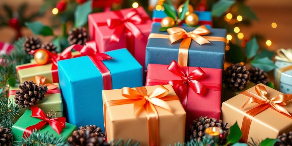Colorful wrapped gifts with seasonal decorations.