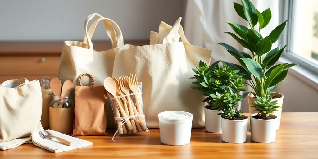 Eco-friendly gifts for colleagues on a wooden table.