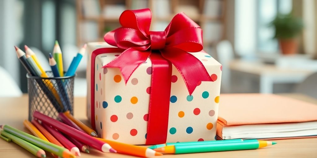Gift box with bow and office supplies on desk.