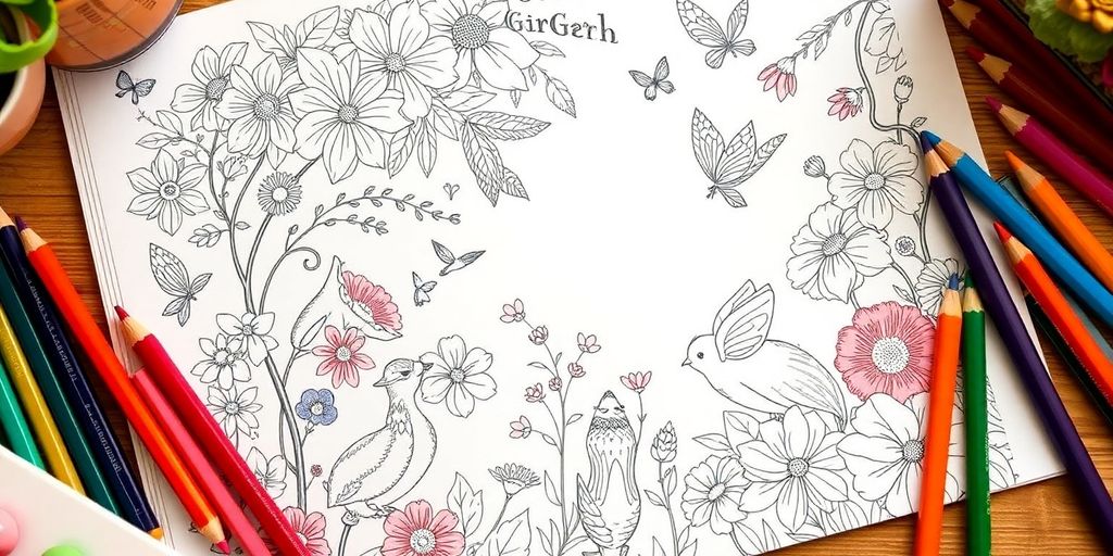 Colorful floral designs and pencils in a cozy setting.