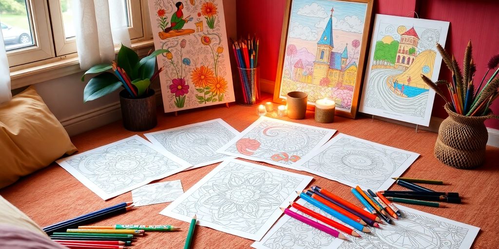 Color by numbers pages with colored pencils on a table.