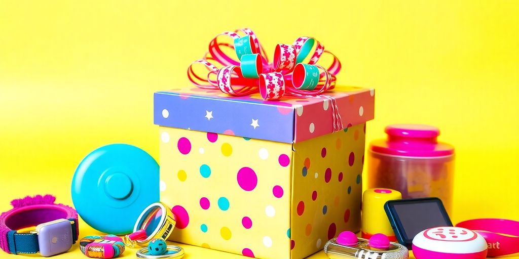 Colorful gift box with toys for a 13-year-old girl.