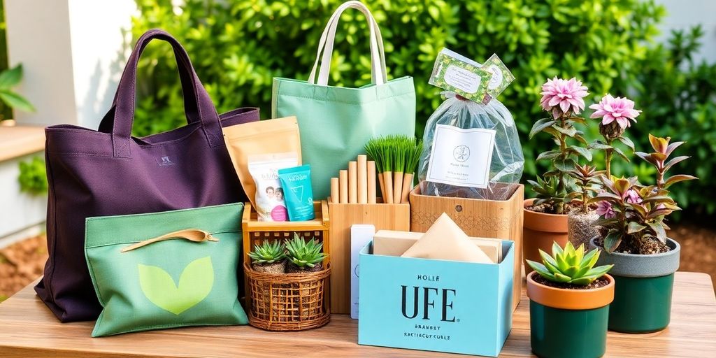 Eco-friendly gifts for graduating students on a wooden table.