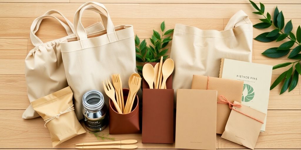 Eco-friendly gifts for colleagues on a wooden table.