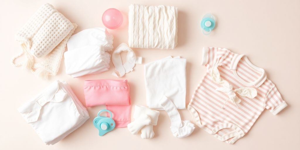 Flat lay of baby essentials for expecting mothers.