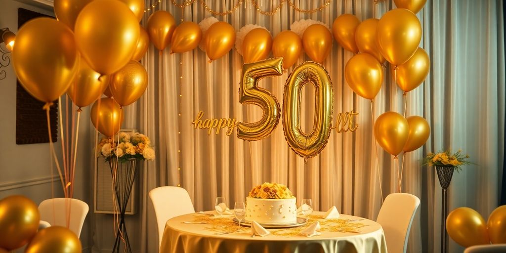 Elegant golden anniversary celebration with decorations and cake.