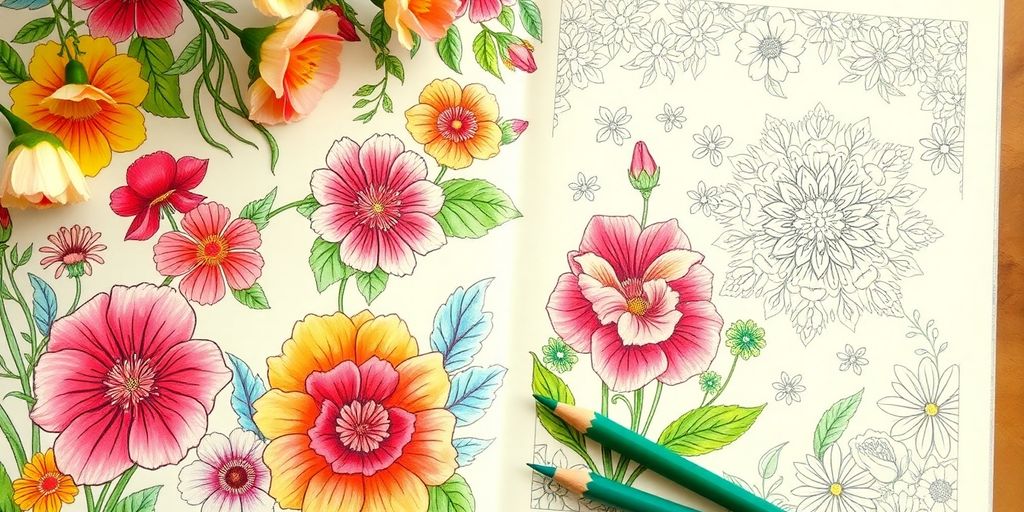 Vibrant flowers and patterns from a coloring book.