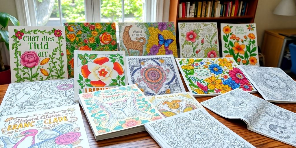 Various adult coloring books on a wooden table.