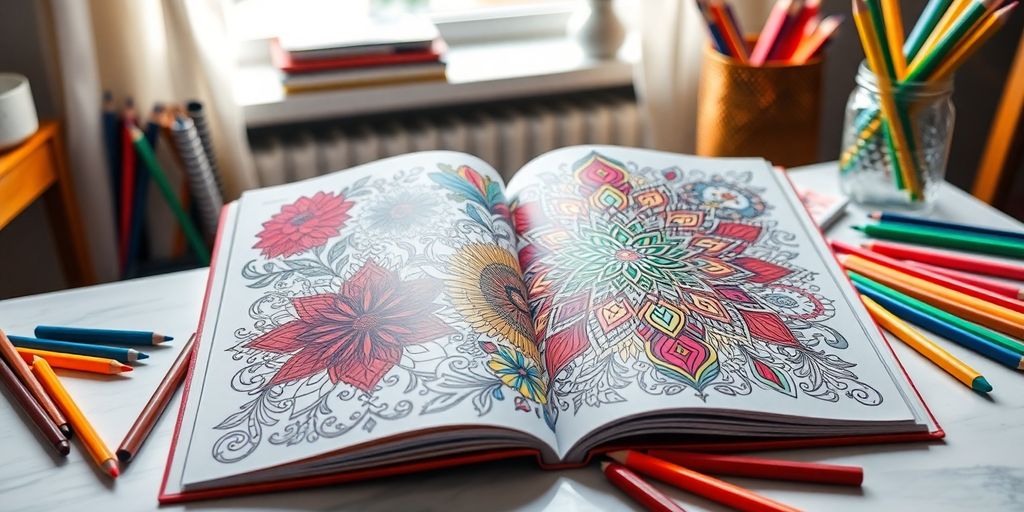 Adult coloring book with colorful pencils on a table.