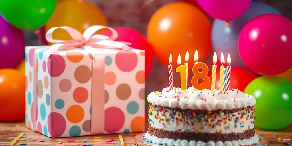 Colorful gift box and balloons for an 18th birthday.