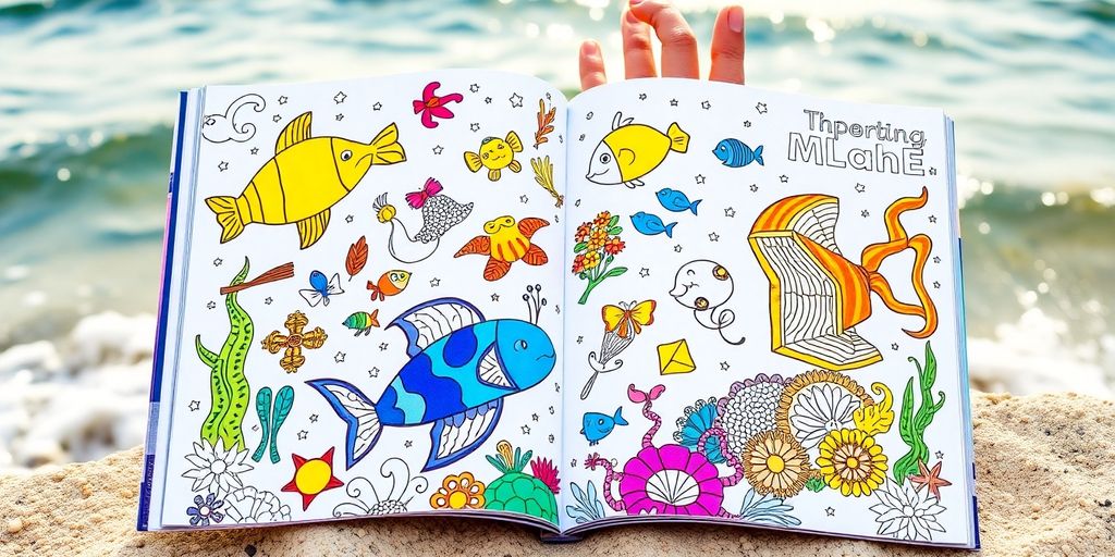 Coloring book pages with marine life illustrations.