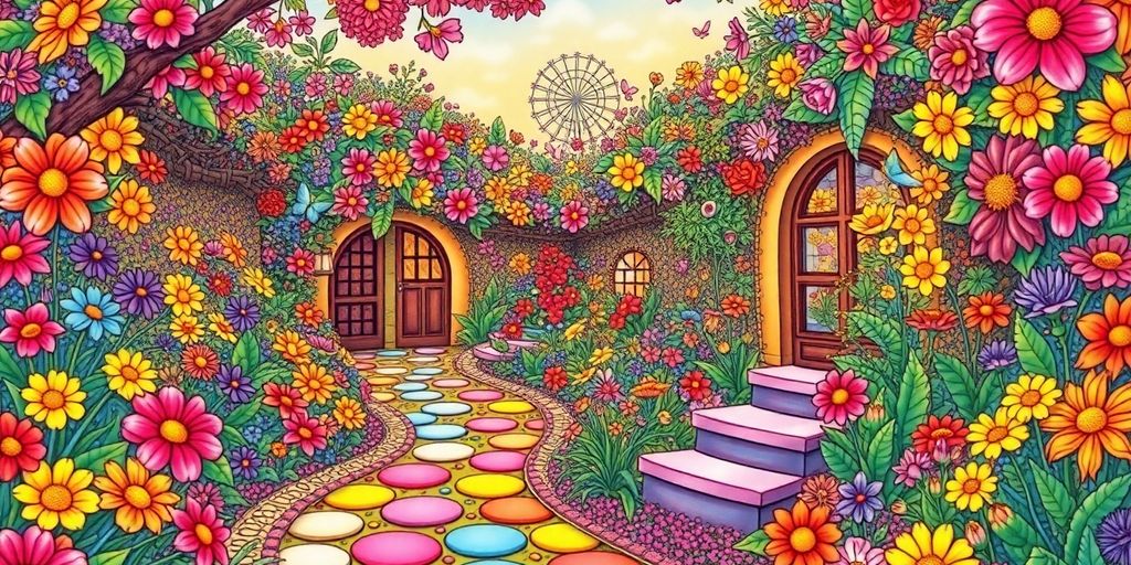 Colorful garden scene with flowers and beautiful pathways.