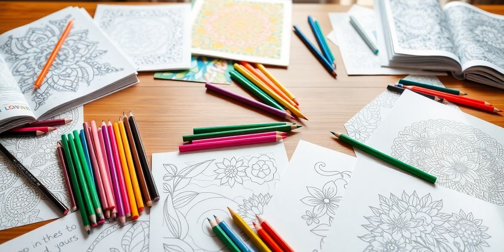 Coloring books and pencils on a wooden table.