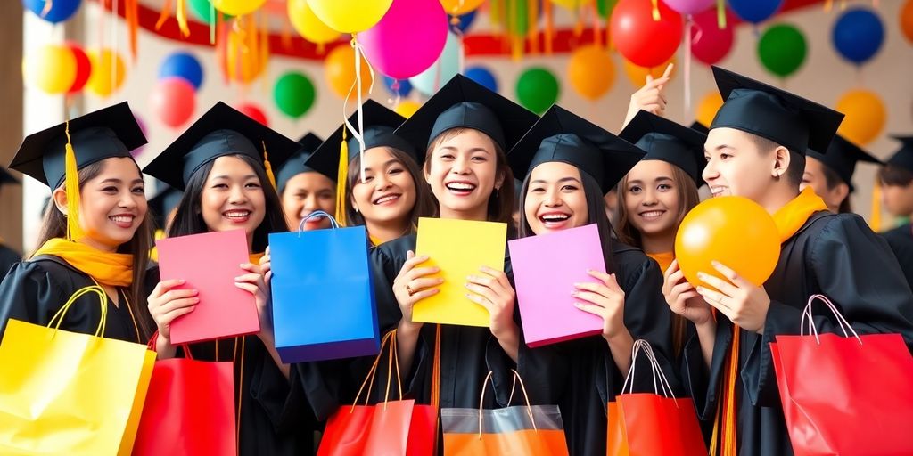 Graduating students celebrating with gifts and balloons.