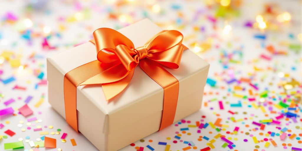 Gift box with a bow and colorful decorations.