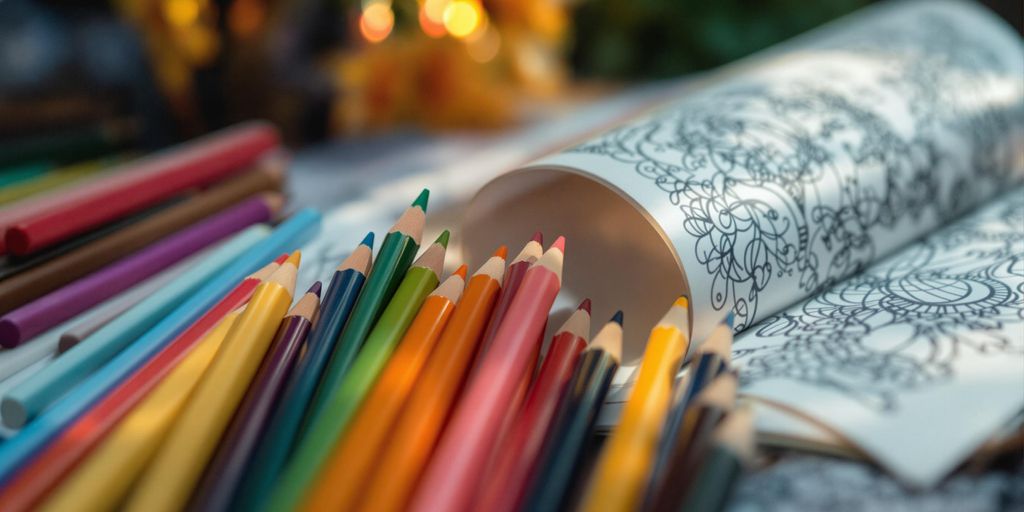 Colorful pencils beside an open coloring book.