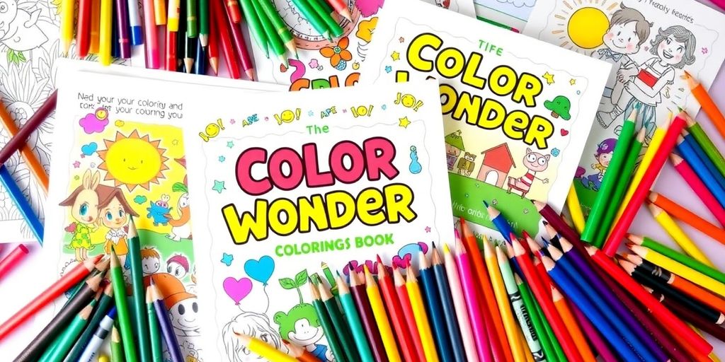 Vibrant pages and art supplies from the coloring book.