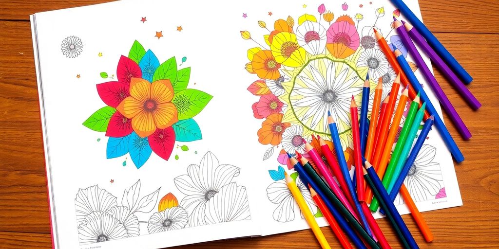 Colorful pencils and a coloring book on a table.