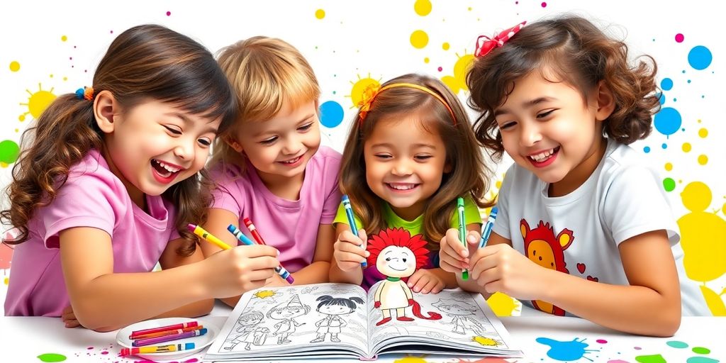 Children coloring cartoon characters in a vibrant coloring book.