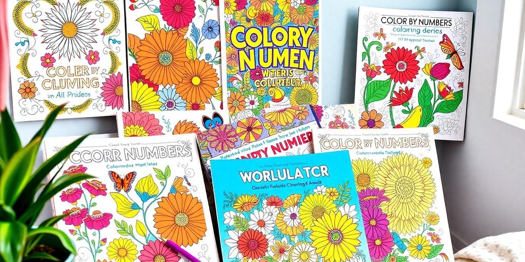 Colorful Color by Numbers coloring books on a table.